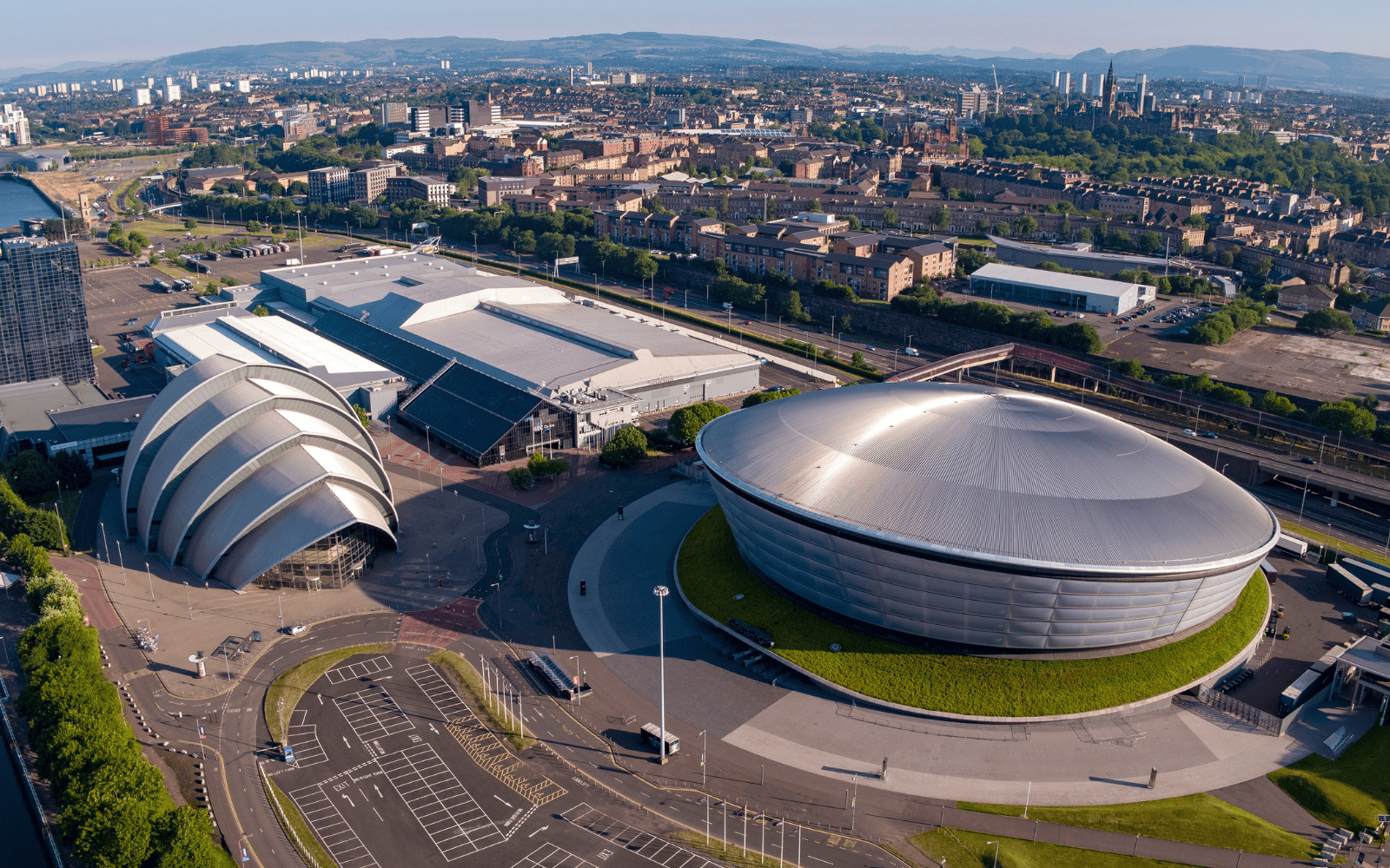 birds-eye view of the SEC Campus, including the OVO Hydro, SEC Centre, and the SEC Armadillo