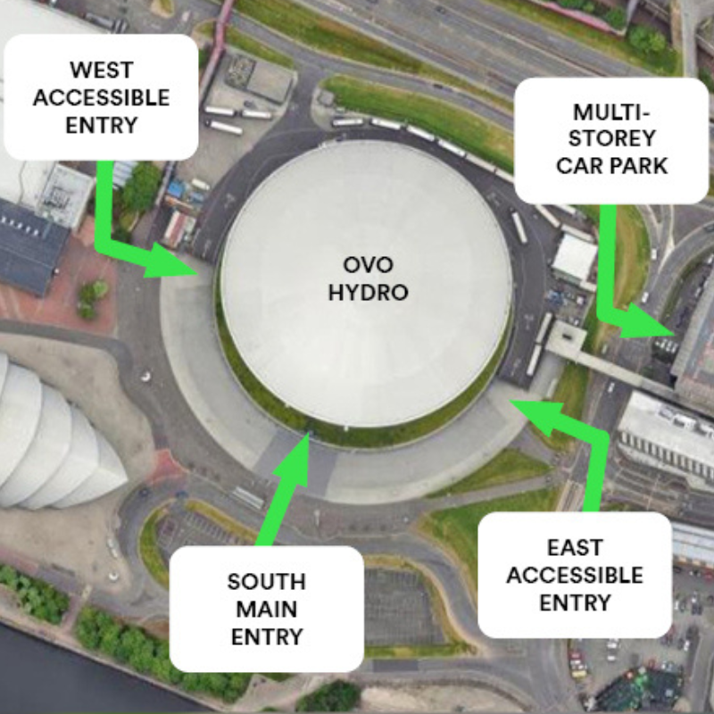 Birdseye view of the OVO Hydro including arrows showing west accessible entry, south main entry, east accessible entry and multi-storey car park.