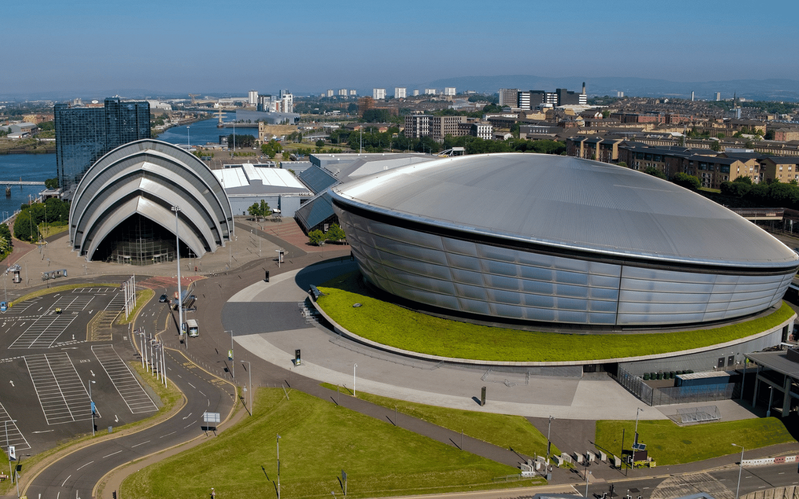 View of the SEC from above with Glasgow in the background. 