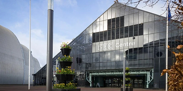 Close up of the front of the SEC Centre.