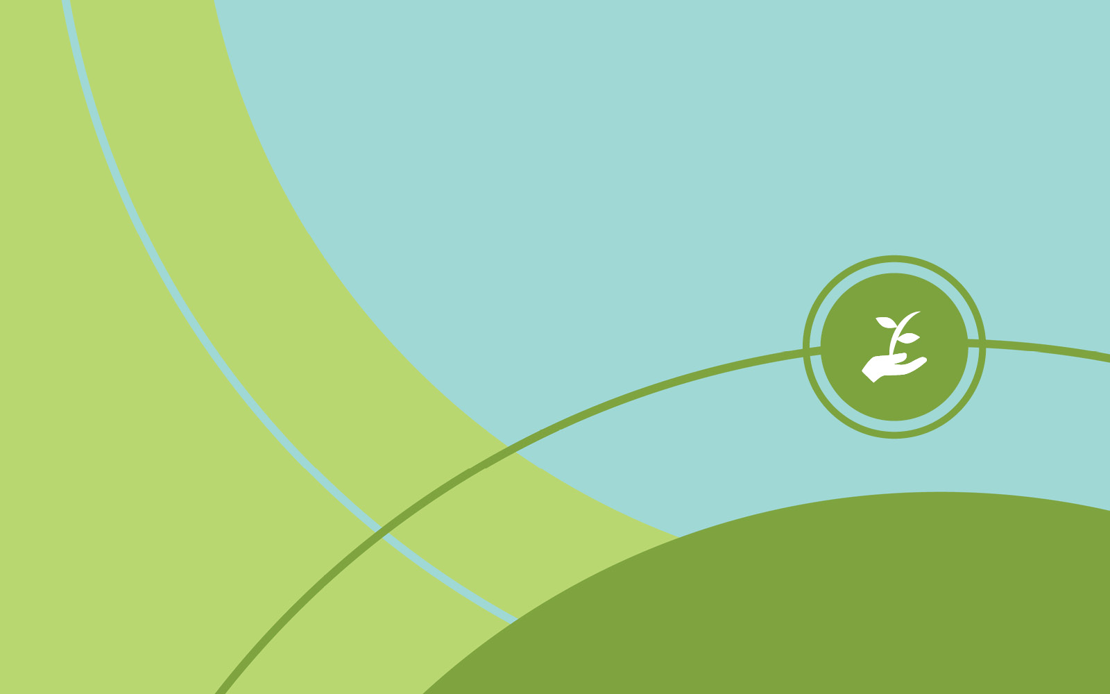 Blue background with green shapes and the sustainability logo in which a plant is in someone's hand.